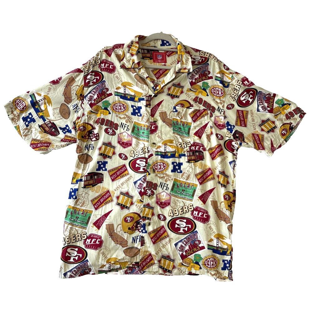 Vintage SF 49's NFL Mens L Hawaiian All Over Print Button Up Shirt Retro Rayon